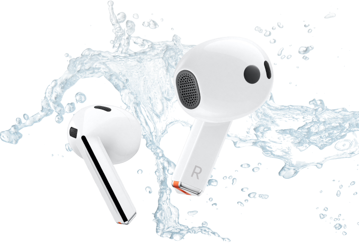 Buds3 earbuds inside water drops background