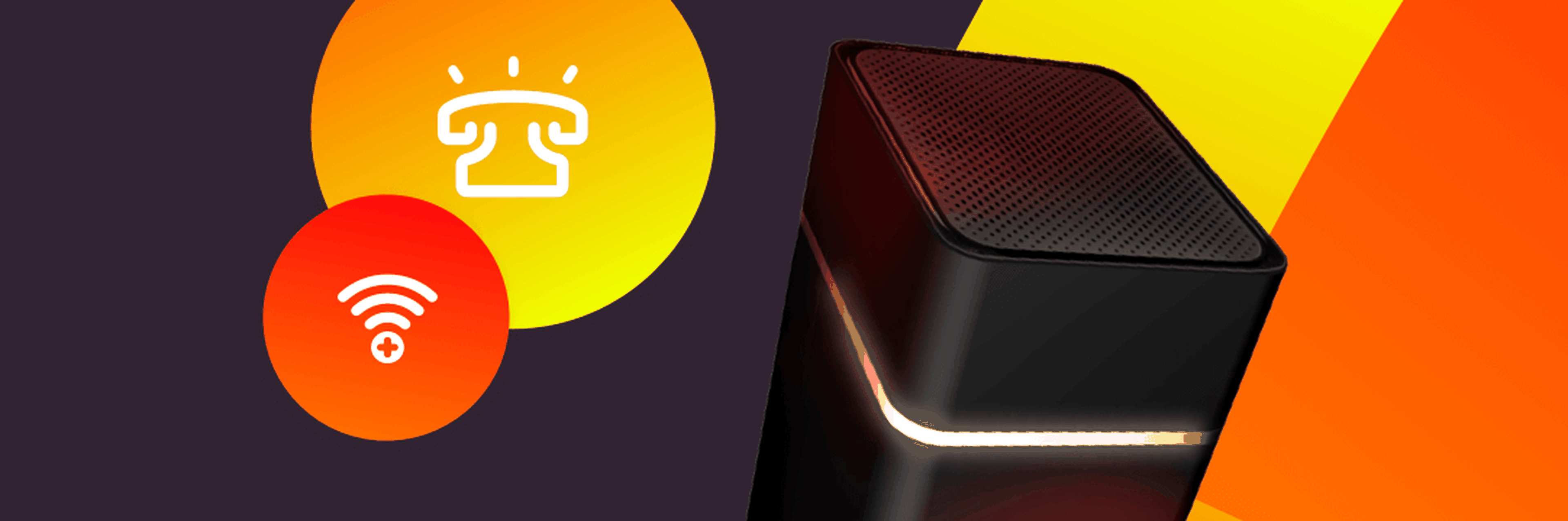 Hub 4 router with broadband and phone icons, on orange and yellow flares