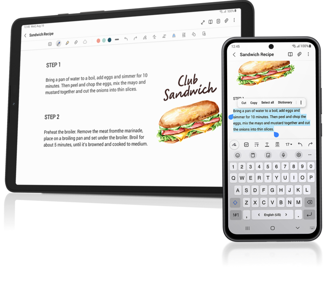 2 devices with one of them in landscape displaying the steps to make a club sandwich where the other one copying the first step.