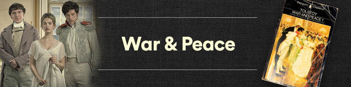 Paul Dano, Lily James and James Norton in War & Peace, and the book cover.