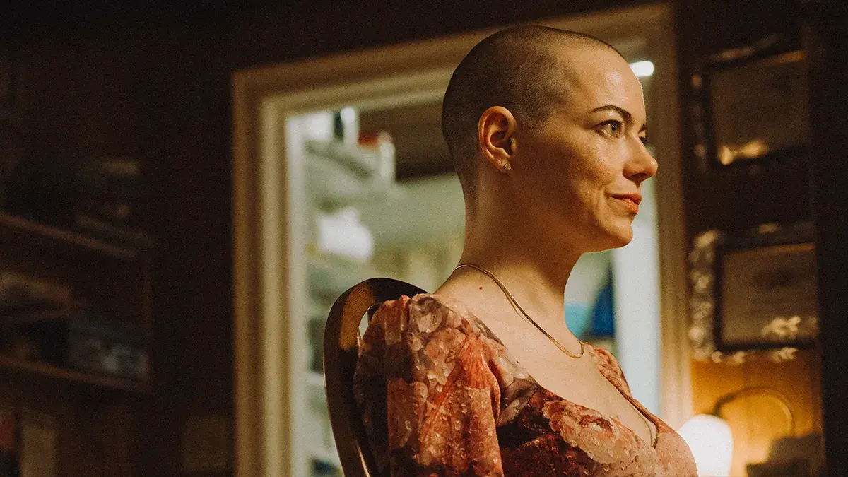 Emma Stone in Bugonia, available to buy or rent on Virgin Media Store.