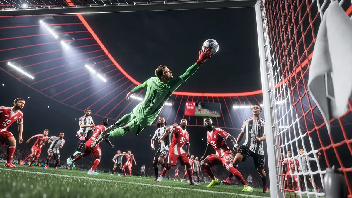 A UEFA Champions League match between Bayern Munich and Newcastle United in EA Sports FC 26, available 26 September.