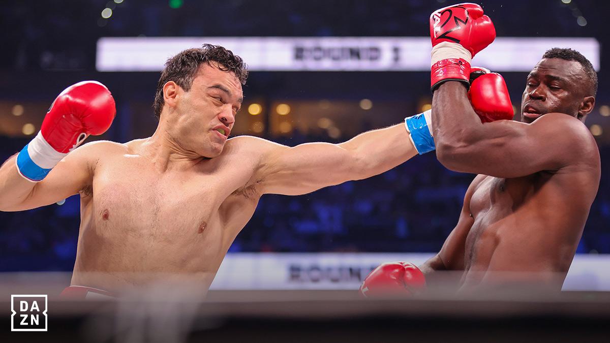 Julio César Chávez Jr in the ring with Uriah Hall. Watch Paul v Chávez on DAZN with Virgin Media.