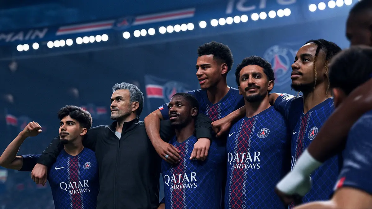 The Paris Saint-Germain team and manager in EA Sports FC 26, available 26 September.