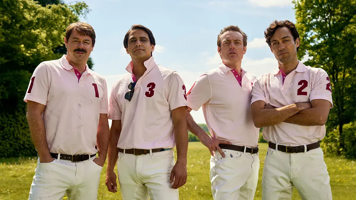 Freddie (Danny Dyer), Bas (Luke Pasqualino), Henry (Brendan Patricks) and Rupert (Alex Hassell) are the Venturer polo team in Rivals on Disney+.