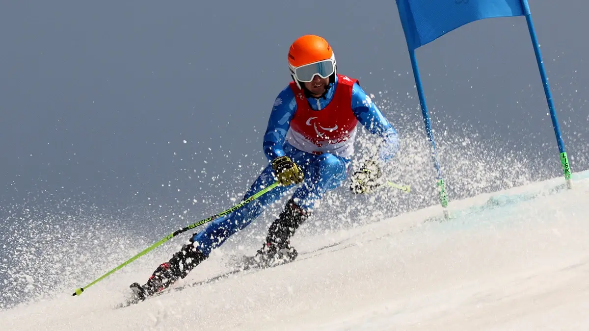 Visually impaired skier Giacomo Bertagnolli. Watch the Paralympic Winter Games on Virgin TV.