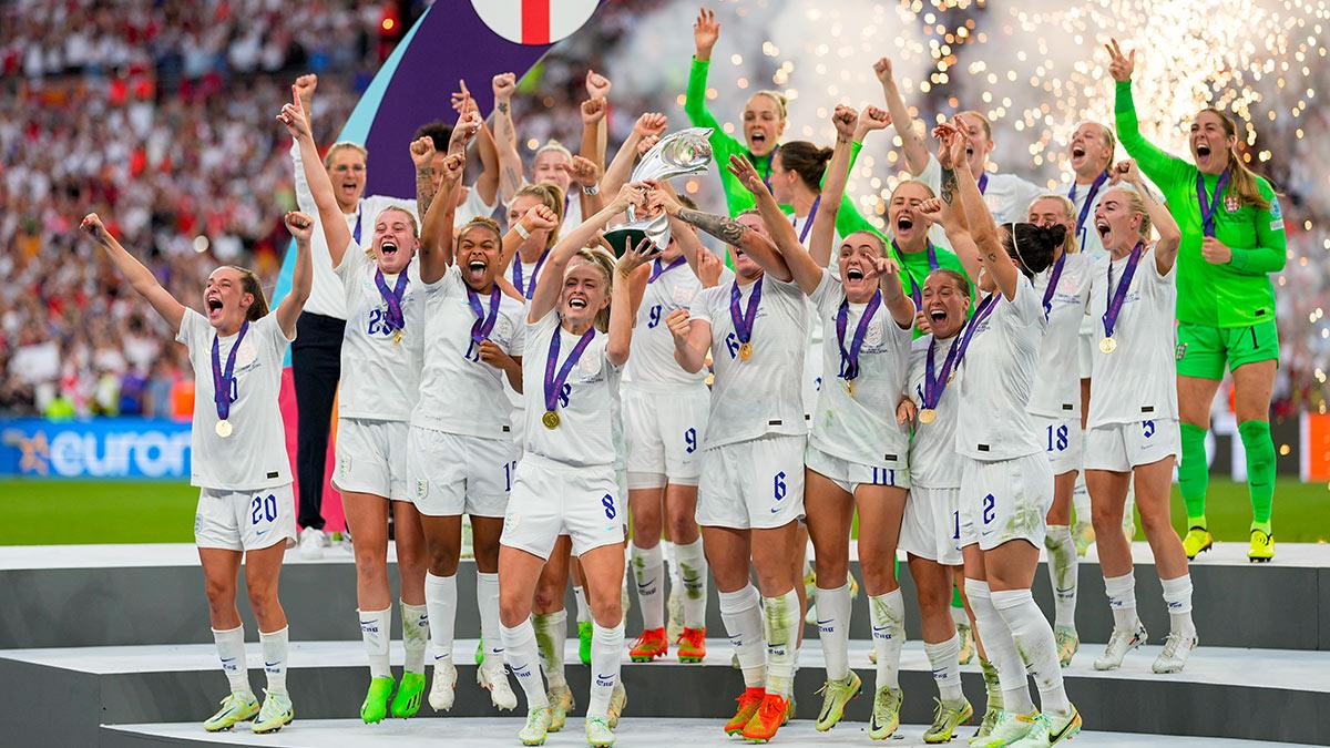 England celebrate winning Euro 2022. Watch UEFA Women’s Euro 2025 live on Virgin TV.