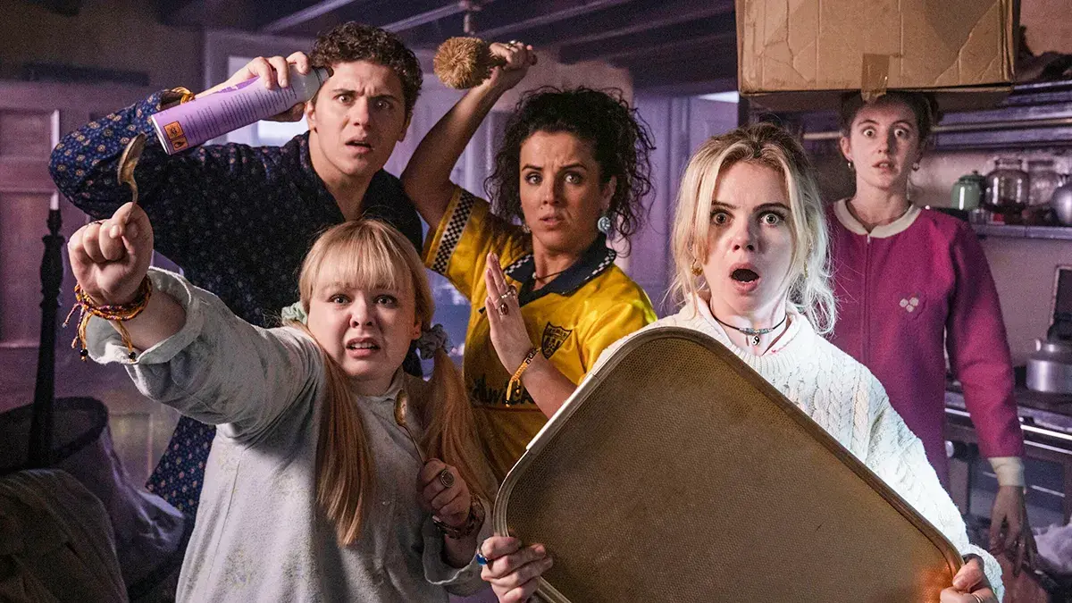 Dylan Llewellyn, Jamie-Lee O’Donnell, Louisa Harland, Nicola Coughlan and Saoirse-Monica Jackson in Derry Girls.