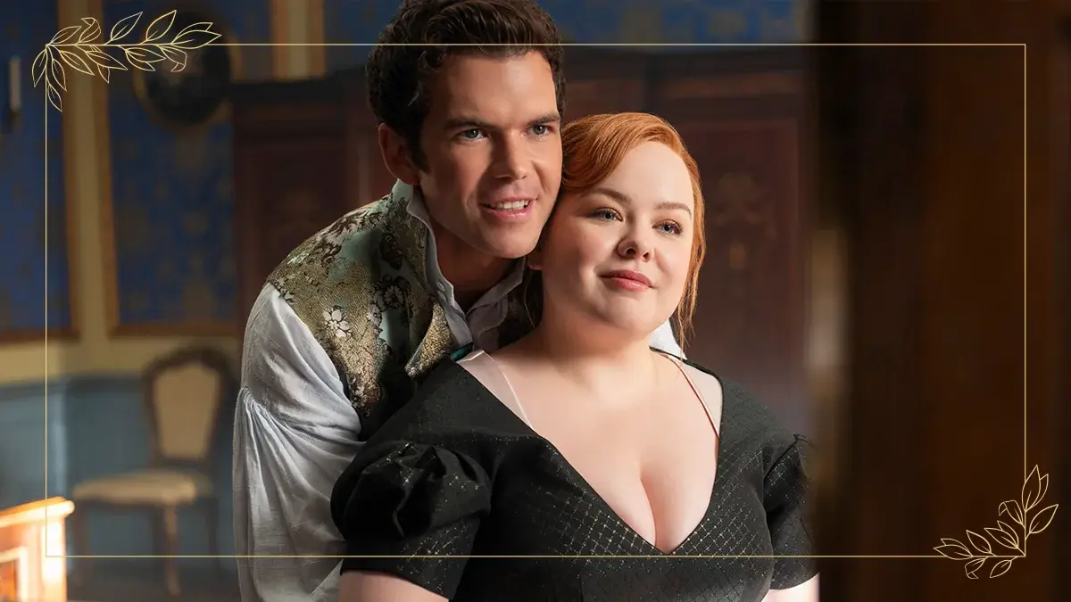 Luke Newton and Nicola Coughlan as Colin and Penelope Bridgerton.