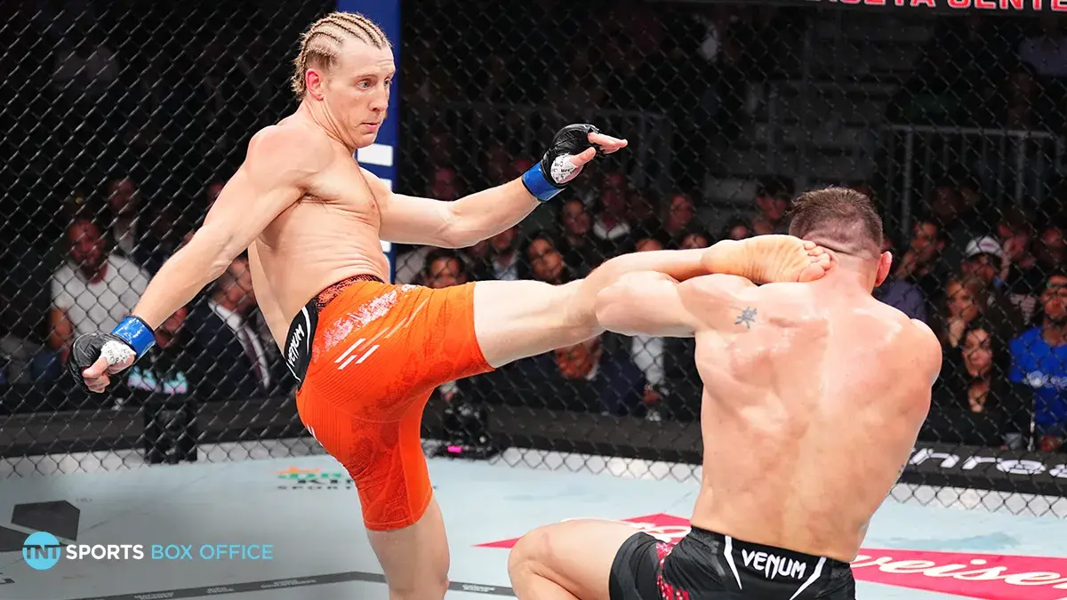 Paddy Pimblett in action against Michael Chandler in the Octagon. Watch Pimblett v Gaethje on Virgin TV.