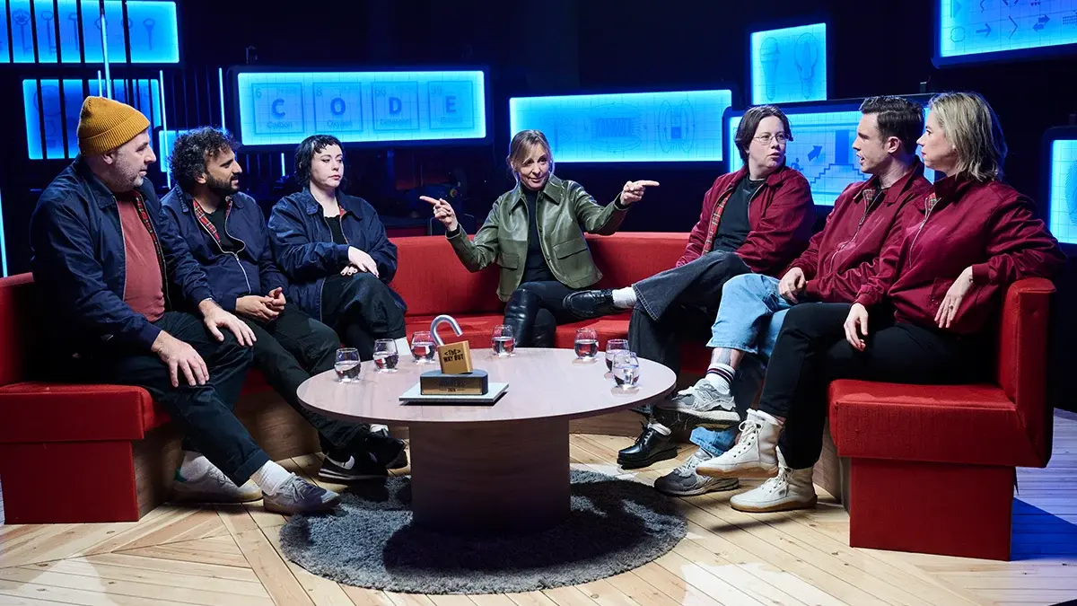Host Mel Giedroyc and the teams in The Way Out.