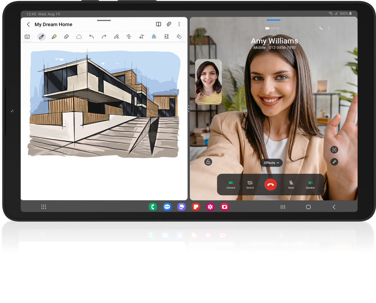 2 people having a video call with one of them waving on the right side while on the left we see a design labeled 'My dream home' on the tab device.