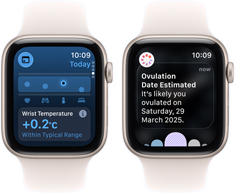 two Apple Watch SE 3 devices with Starlight aluminium cases showing the Vitals app on screens