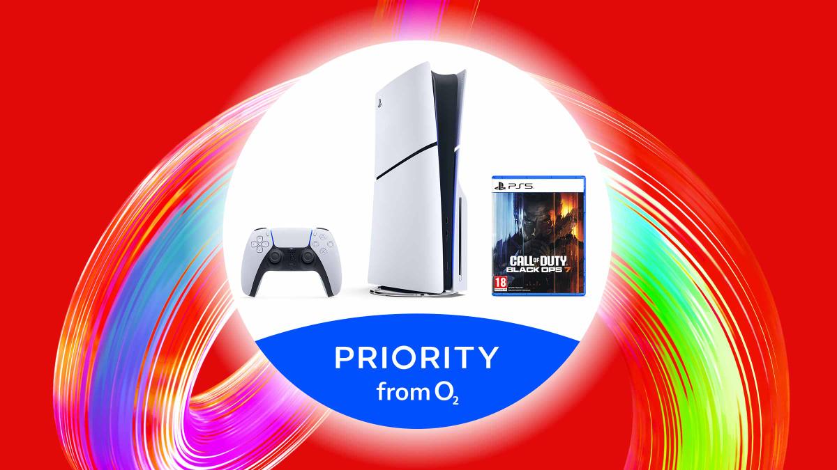 PlayStation 5 console, controller and Call of Duty game with Priority from O2 text