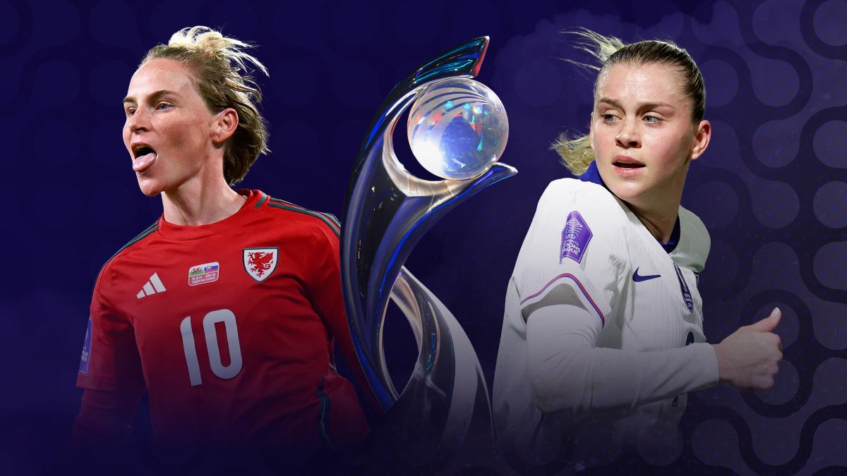 Wales’ Jess Fishlock and England’s Alessia Russo. The two teams are competing for the UEFA Women’s Euro 2025 trophy, live on Virgin TV.