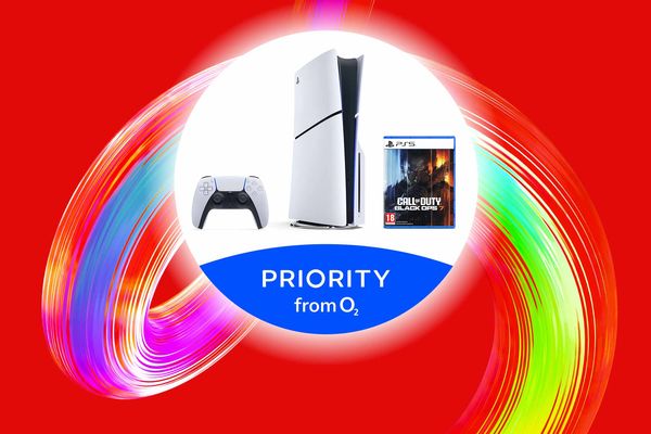 PlayStation 5 console, controller and Call of Duty game with Priority from O2 text