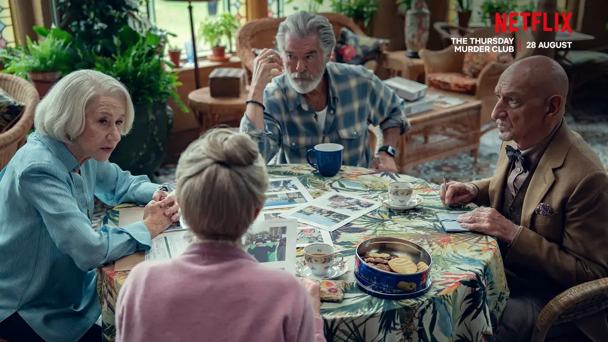 Helen Mirren, Pierce Brosnan, Ben Kingsley and Celia Imrie in The Thursday Murder Club, plus what else is on Netflix in August.