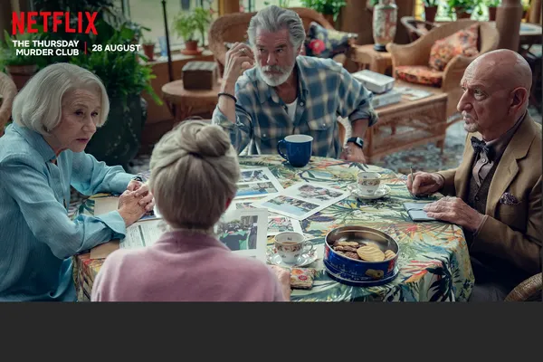 Helen Mirren, Pierce Brosnan, Ben Kingsley and Celia Imrie in The Thursday Murder Club, plus what else is on Netflix in August.