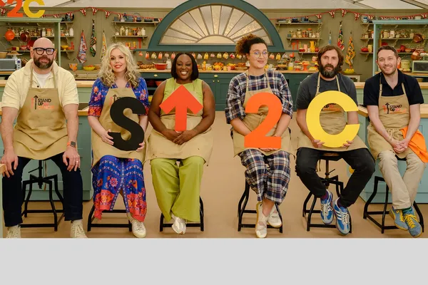 Comedians Tom Davis, Roisin Conaty, Judi Love, Rose Matafeo, Joe Wilkinson and Jon Richardson on The Great Celebrity Bake Off. Watch on Channel 4 this week.