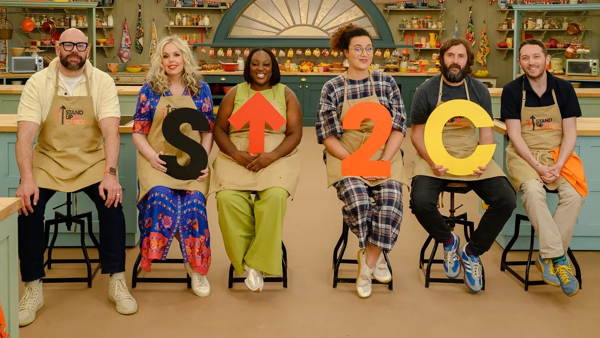 Comedians Tom Davis, Roisin Conaty, Judi Love, Rose Matafeo, Joe Wilkinson and Jon Richardson on The Great Celebrity Bake Off. Watch on Channel 4 this week.