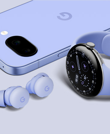 Close-up product shot of a Pixel 9a, a Pixel Watch and the Pixel Buds 2a – all in Iris colour