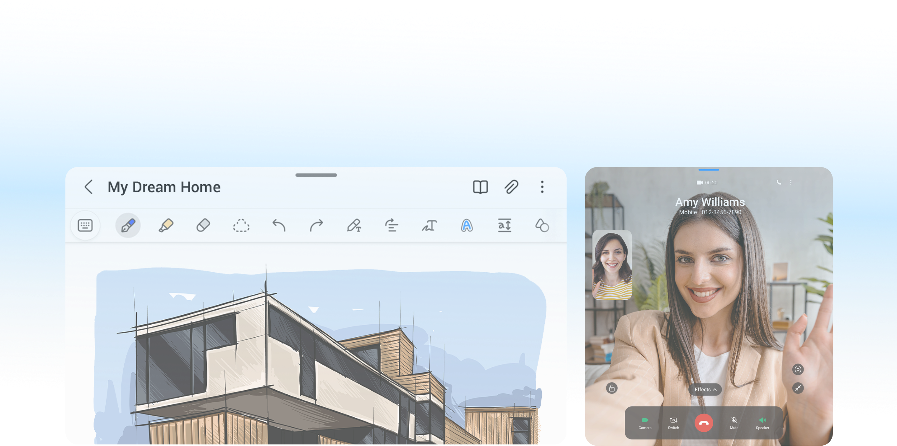 2 people having a video call with one of them waving on the right side while on the left we see a design labeled 'My dream home'.