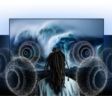 Person in front of a screen showcasing the surround and dynamic sound of earbuds