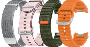 A range of watch straps of different colours which contains gray, pink, black and orange straps