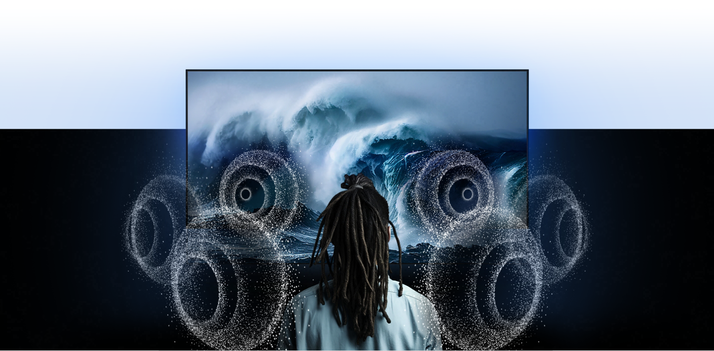 Person in front of a screen showcasing the surround and dynamic sound of earbuds