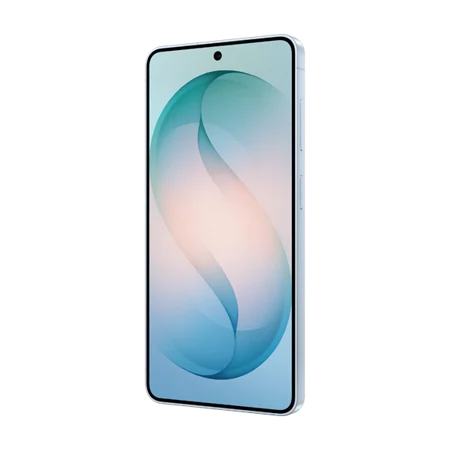 Smartphone with a curved edge screen displaying a blue and peach abstract wallpaper, and a central front camera cutout.