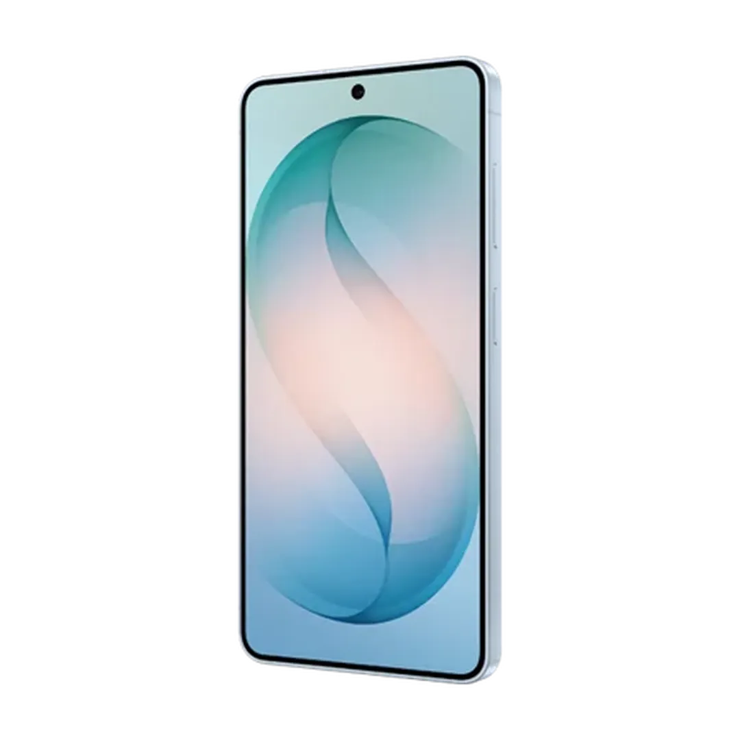 Smartphone with a curved edge screen displaying a blue and peach abstract wallpaper, and a central front camera cutout.