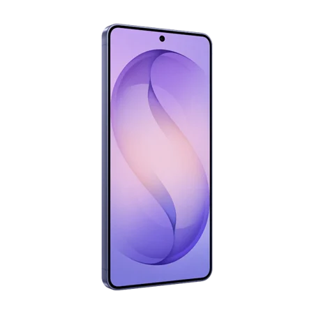 Modern smartphone with a sleek design, featuring a large screen displaying a purple swirl pattern on a gradient background.