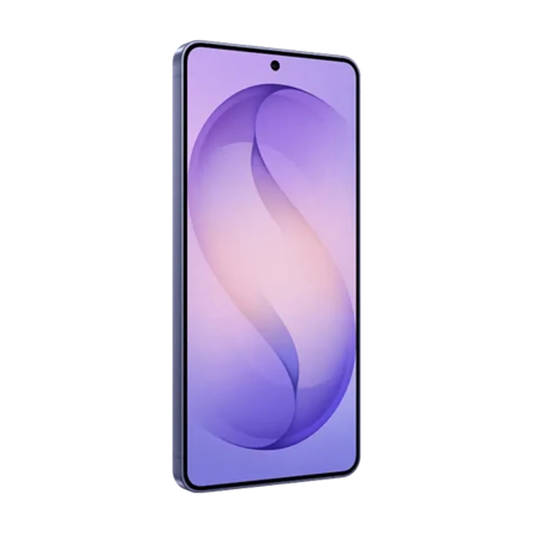 Modern smartphone with a sleek design, featuring a large screen displaying a purple swirl pattern on a gradient background.
