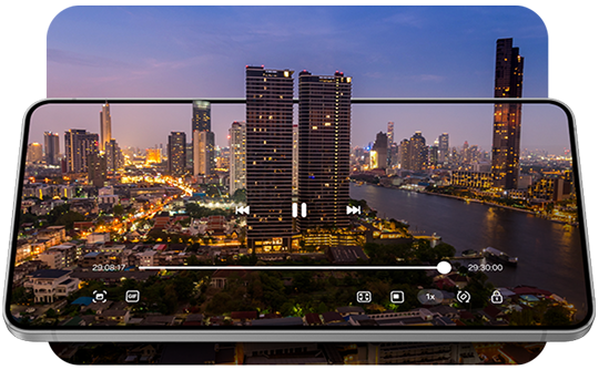 City skyline on digital video display at night