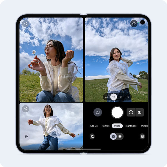 The image shows the Pixel 10 Pro Fold's camera app, with a preview displayed on one screen and a gallery of images on the other