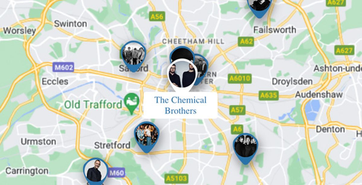 Map of Manchester with music artist locations