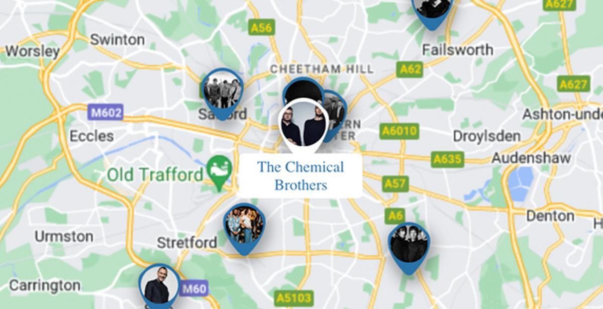 Map of Manchester with music artist locations
