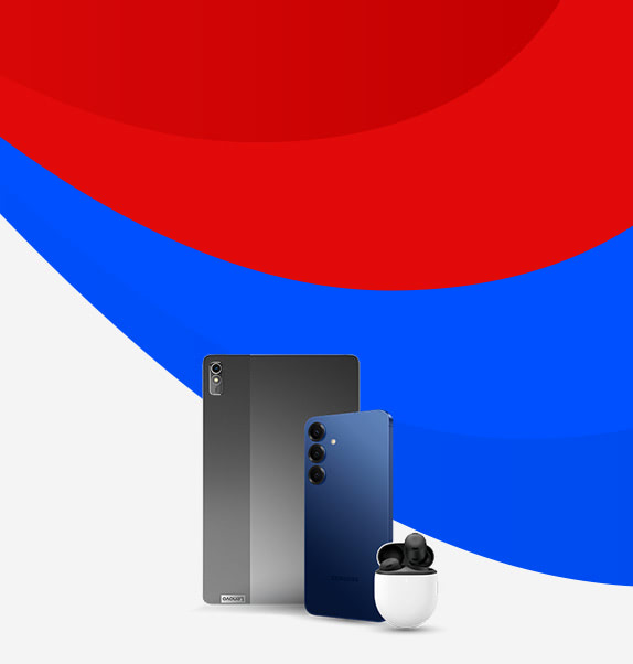 Selection of devices on blue and red background