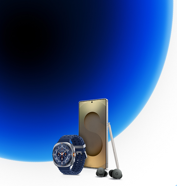 Selection of smartphone, smartwatch and ear buds on a white and blue background