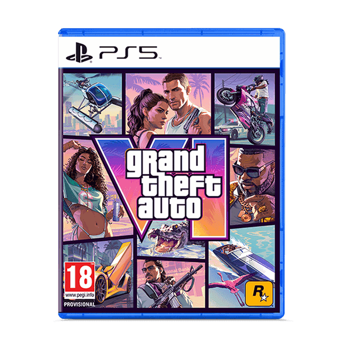 PS5 cover of "Grand Theft Auto VI," featuring vibrant artwork with various action scenes, characters, vehicles, and an 18+ age rating logo.