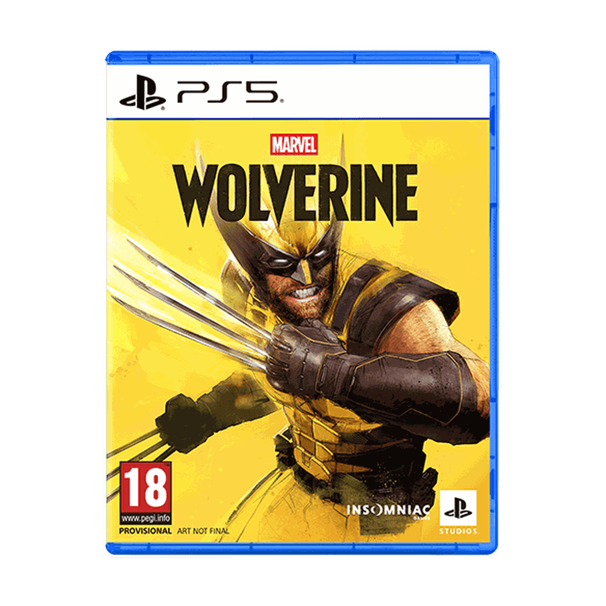 PS5 game cover featuring Wolverine in his classic costume with claws extended. The game is rated 18+, by Insomniac and Marvel.