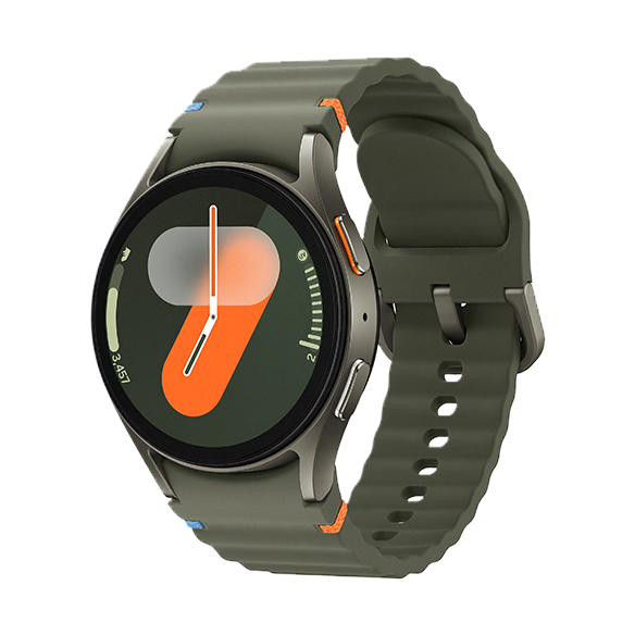 Smartwatch with a round face, displaying a minimalist design. Olive green strap and case, featuring an abstract digital clock face.