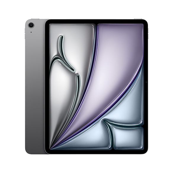 A tablet with a sleek design featuring a colorful abstract pattern on the screen, blending purple, silver, and black shades.