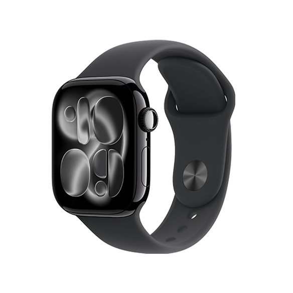 Apple  watch series 11 A black smartwatch with a sleek design and a dark band, displaying a minimalistic digital watch face with abstract shapes.