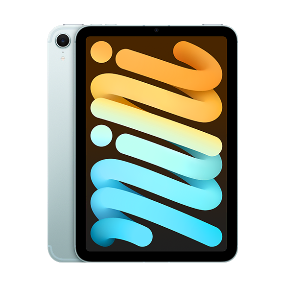 A tablet with a colorful, abstract design on the screen, featuring wavy orange and blue shapes. The tablet has a sleek, thin bezel.