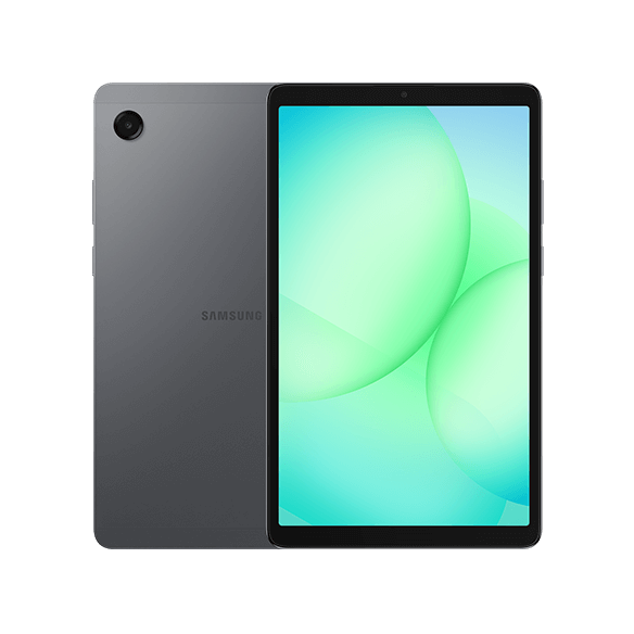 Front and back view of a black tablet with a glowing green screen, featuring a camera on the back and a sleek, minimalist design.
