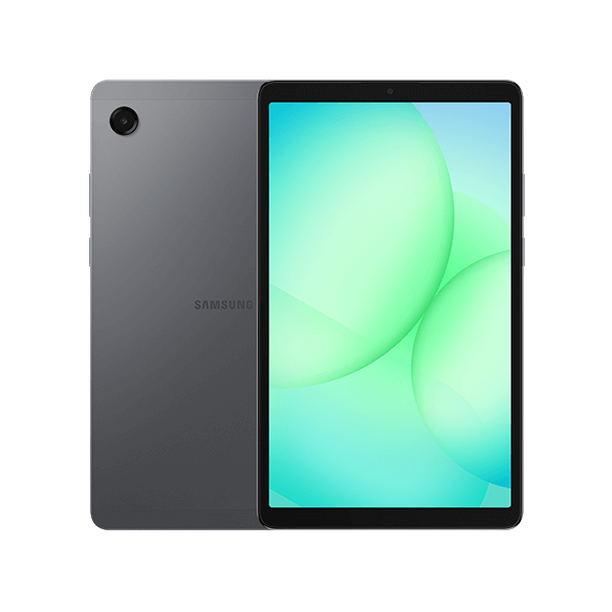 Front and back view of a black tablet with a glowing green screen, featuring a camera on the back and a sleek, minimalist design.