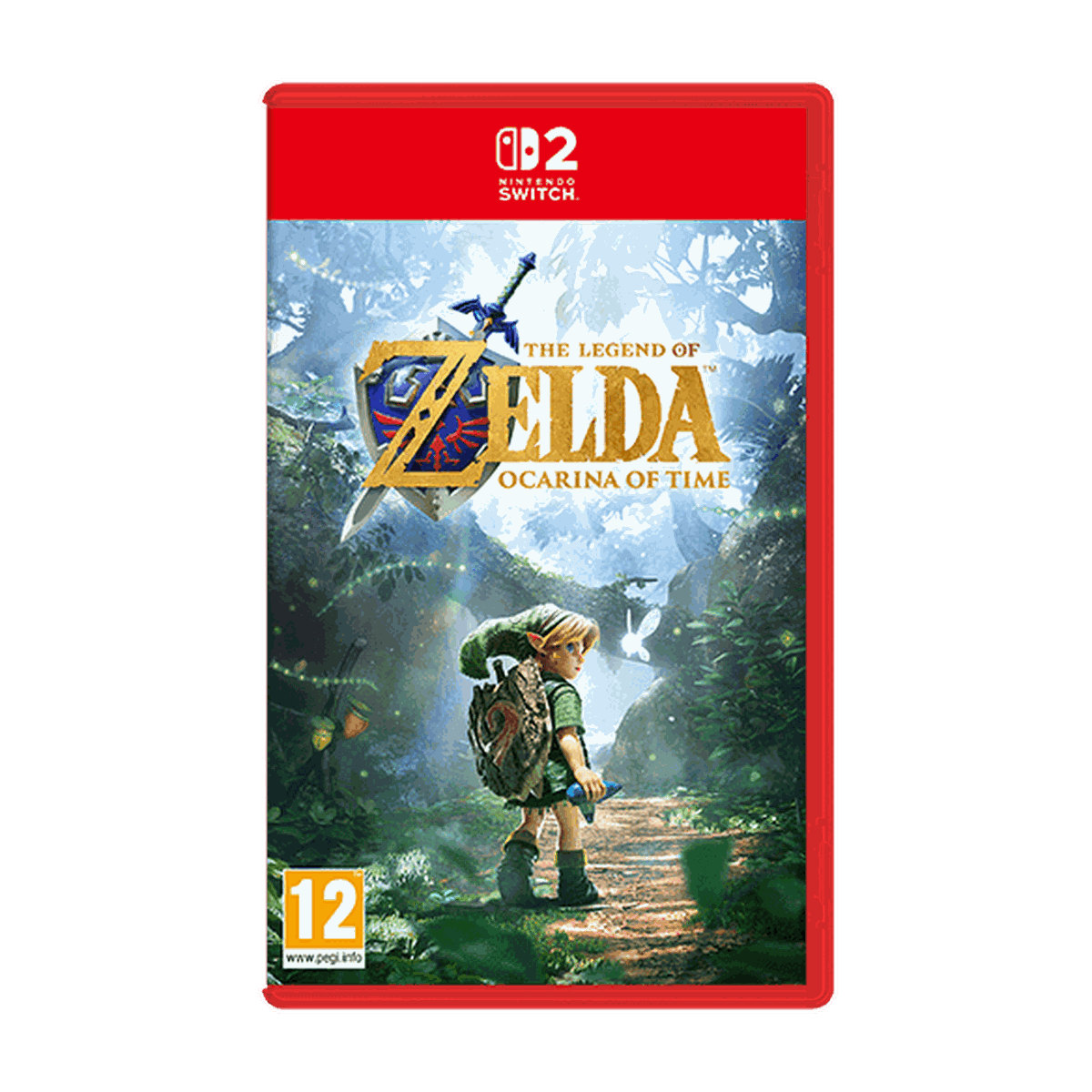 Video game cover for "The Legend of Zelda: Ocarina of Time" on Nintendo Switch, showing a character walking through a lush forest.