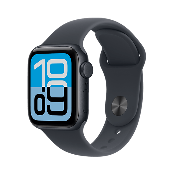 Smartwatch with a black band and a large digital display showing "10:09" in blue and white.