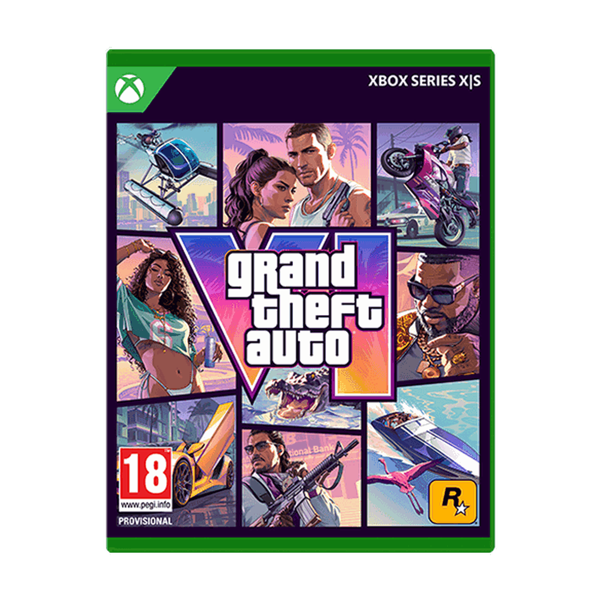 Video game cover for "Grand Theft Auto VI" on Xbox Series X|S, featuring diverse characters, action scenes, and the Rockstar logo. Rated 18+.